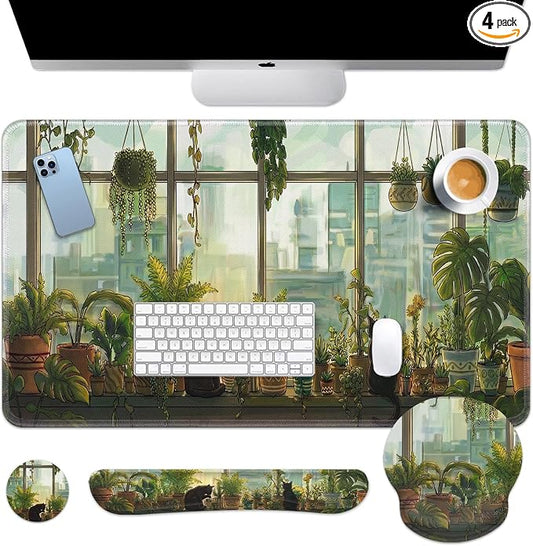 Britimes Cute Cat Keyboard Mouse Pad Set Green Plants 4in1 Large Mousepad+Keyboard Wrist Rest+Mouse Wrist Rest+Coaster Ergonomic Design for Home Office Computer 35.4x15.7 inches