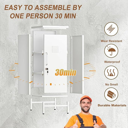 pozdeg 35.43" Metal Storage Locker with Lockable, Metal Steel Locker for Employees with 1 Door ＆ 2 Adjustable Shelves, Small Locker Storage Cabinets for Home, School, Office, Gym (White)