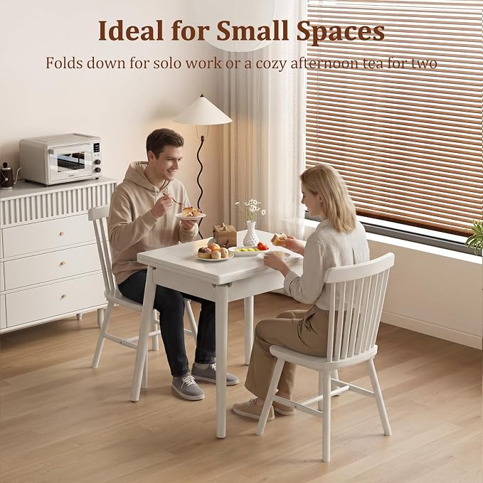 Solid Wood Small Dining Table for 2-6, 23.6"L-47.2"L Expandable Kitchen Table, Designed for Small Spaces, Easy Assembly, Suitable for Kitchen, Dining Room, Living Room, Apartment (White)