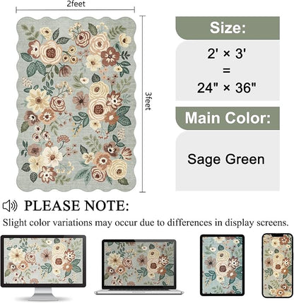 DUKINO 2x3 Entryway Rug, Floral Washable Indoor Door Mat with Non-Slip Backing, Soft Low Pile Small Front Door Throw Rugs for Entryway, Kitchen, Bedroom, Laundry, Bathroom, Sage Green