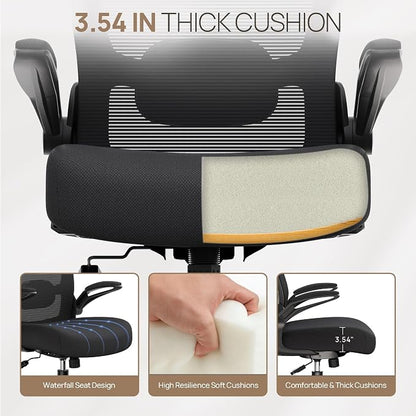 Mimoglad Ergonomic Office Chair, Comfortable Desk Chair with Flip-up Armrests, Adjustable Lumbar Support, 135° Reclining Mesh Computer Chair for Home Office, Small Spaces and Team Office, Black