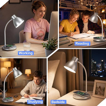 Desk Lamp for Home Office - LED Desk Lamp with Wireless Charger, 3 Color Modes Dimmable Eye-Caring Study Reading Desk Light, Small Flexible Arm Table Lamp for College Dorm Room Bedside, Silver