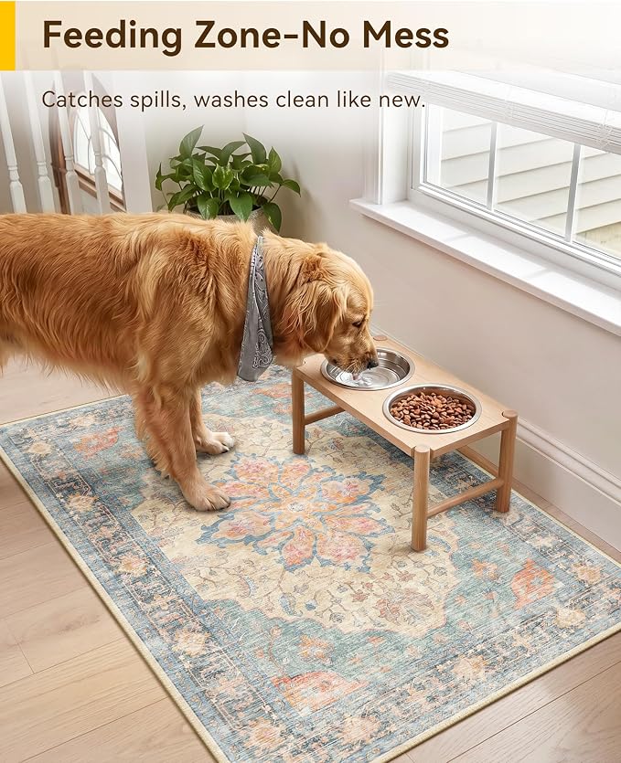 RELEANY Area Rugs Small 2'x3' Washable Non-Slip, Floral Vintage Distress Medallion Carpet for Kitchen Entryway Bathroom, Blue Orange Red