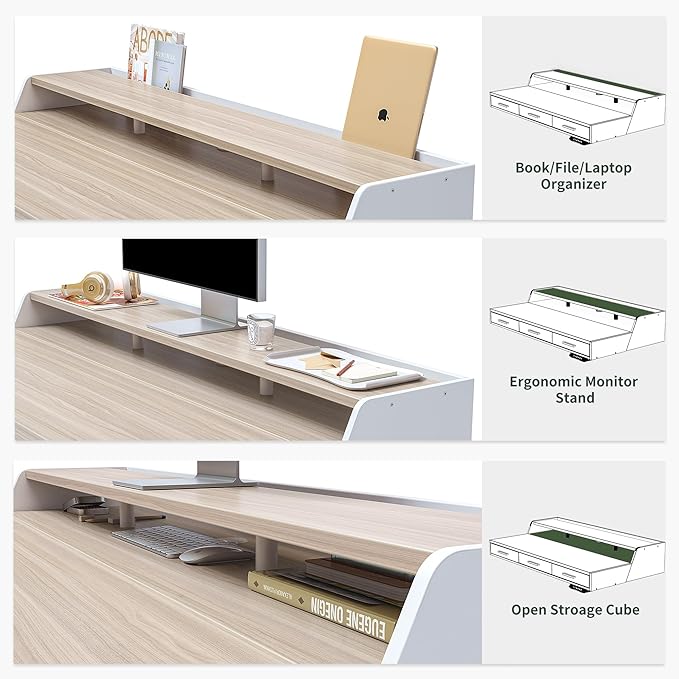 CubiCubi Standing Desk 48x26 Inches with 3 Wood Drawers and Monitor Shelf, Ergonomic Rising Home Office Desks, Height Adjustable Computer Desk, Sit Stand Up Electric Workstation Table, Pale Walnut