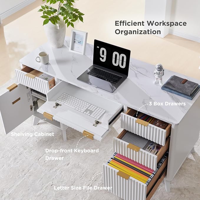T4TREAM Fluted Executive Desk with Drawers, 60" Modern Home Office Computer Desk with Charging Station, File Cabinet, Keyboard Tray and Storage Cabinet for Study, Living Room, Bedroom, Solid White