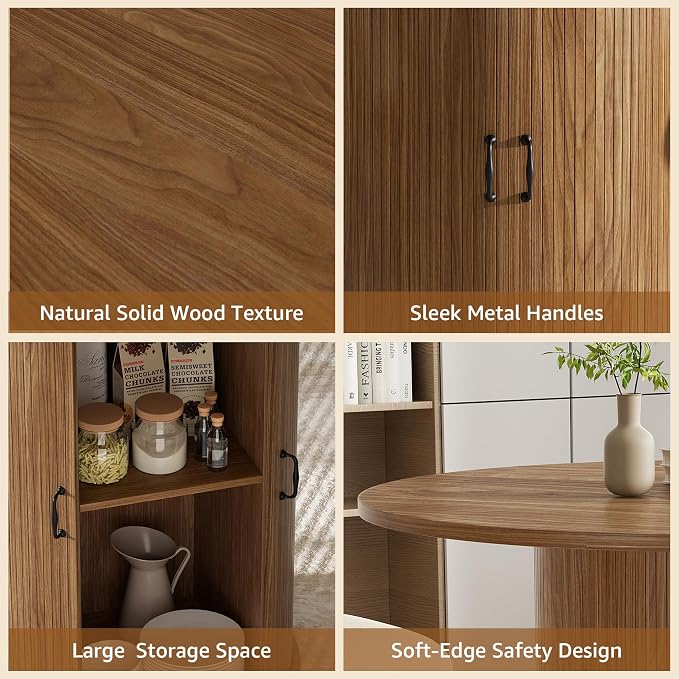 31.5 inch Round Dining Table for 2, Small Dinner Table with 2-Layer Storage Shelf, Morden Circle Kitchen Table with Strip Base and Wood Slide Door for Home Dining Room, Living Room, Chestnut