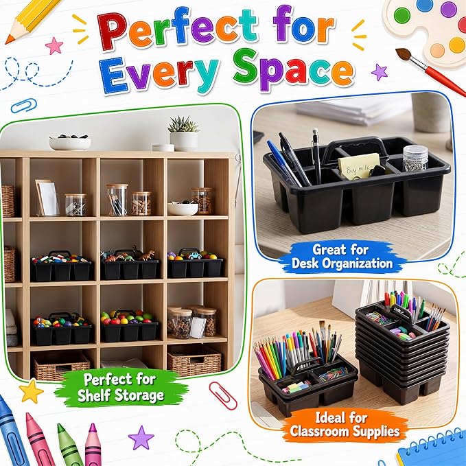 WILLBOND 12 Pcs Classroom Caddy with Handle Bulk Plastic Storage Caddy Organizer with 5 Compartment Portable Storage Bin for Pencil, Pen, Crayon, Marker, Home, Office, School Supply(Black)