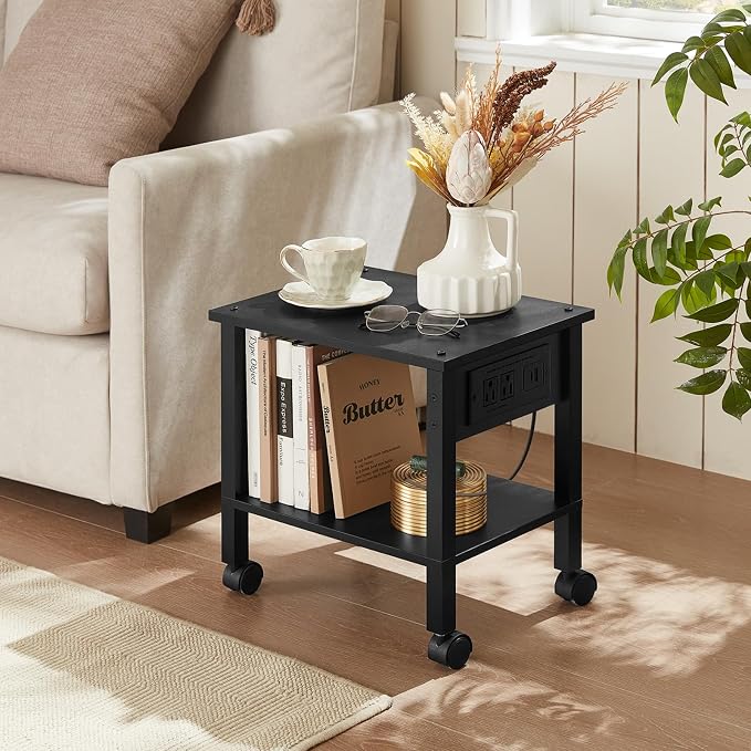 YUFAM 2 Tier Under Desk Printer Stand with Storage, Small Printer Table with Charging Station, Rolling Printer Cart Shelf with Lockable Wheels for Home, Office (Black)