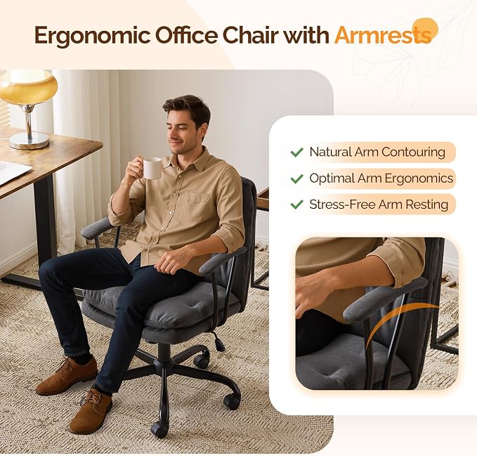 VINGLI Padded Grey Desk Chair with/No Wheels,Dual-Base,Removable Armrests,Adjustable Comfy Rolling Swivel Computer Task Nail Tech Chair for Home Office,Sewing,Makeup Vanity,Teen,Linen Fabric