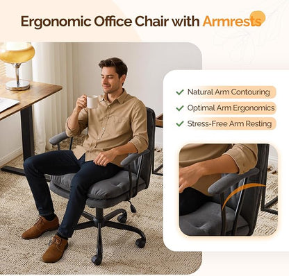 VINGLI Padded Grey Desk Chair with/No Wheels,Dual-Base,Removable Armrests,Adjustable Comfy Rolling Swivel Computer Task Nail Tech Chair for Home Office,Sewing,Makeup Vanity,Teen,Linen Fabric