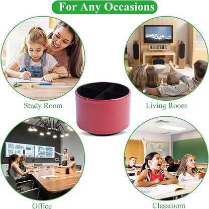 Round Leather Art Supply Organizer,Remote Control Holder,360 Degree Spinning,Multi-Functional Pencil Holder,4 Compartments Desktop Stationary Organizer(1-Oil Red)