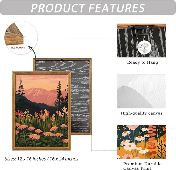 ICHZUMW Framed Boho Abstract Landscape Mountain and Floral Canvas Wall Art Set of 3, Colorful Nature Botanical Paintings Artwork, Large Wildflower Wall Decor for Living Room Bedroom Office, 12x16in