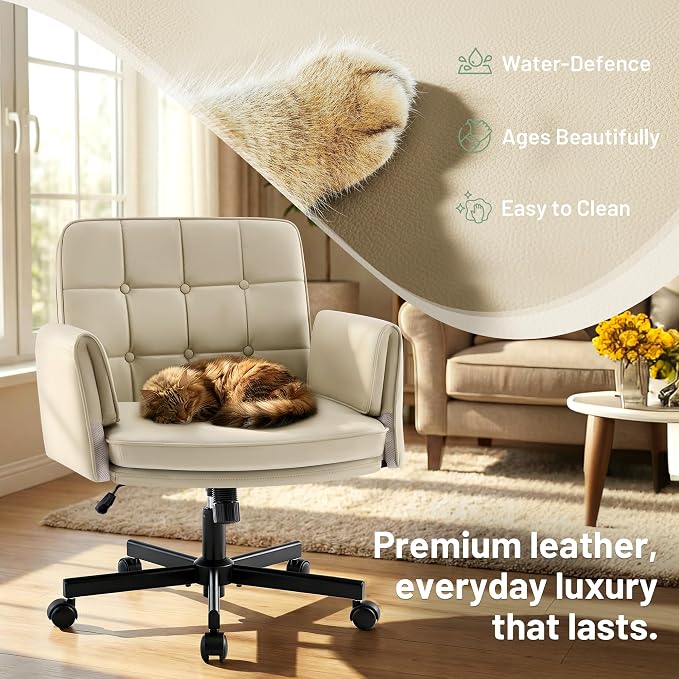 Criss Cross Chair with Wheels - PU Leather Comfy Wide Seat Criss Cross Desk Office Chair with Armrests - Comfortable Swivel Rolling Tilting Vanity Chair with Back for Home Office Makeup Bedroom