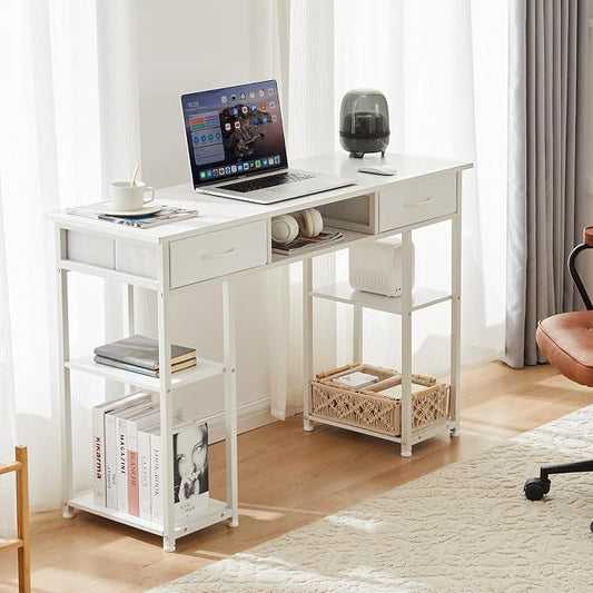 48" Small Gaming Desk with Drawers, Home Office Computer Writing Study Table with Storage Side Bag, Headphone Hook, and Adjustable Feet for Bedroom, Ivory