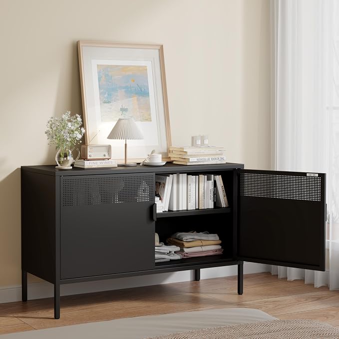 Metal Storage Cabinet with 2 Doors & Adjustable Shelves, 25" H Black Accent Cabinet, Metal Locker Storage Cabinets, Tv Stand Cabinet for Home, Office, Living Room, Entryway