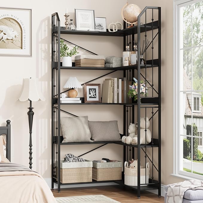 GarveeHome Corner Bookshelf 72" L Shaped Bookcase, Corner Bookshelves Industrial Bookcase 5 Tier L-Shape Bookshelf, Large Bookcases with Beaded Design Tall Display Rack Shelf for Living Room Bedroom