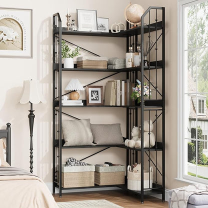 GarveeHome Corner Bookshelf 72" L Shaped Bookcase, Corner Bookshelves Industrial Bookcase 5 Tier L-Shape Bookshelf, Large Bookcases with Beaded Design Tall Display Rack Shelf for Living Room Bedroom