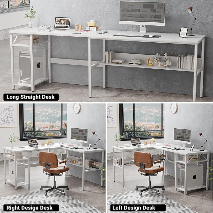 Unikito Reversible L Shaped Computer Desk with Magic Power Outlets and USB Charging Ports, Sturdy Corner Desk with Storage Shelves, Durable Work Desk for Home Office, Easy to Assemble, White