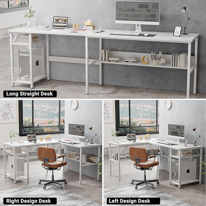 Unikito Reversible L Shaped Computer Desk with Magic Power Outlets and USB Charging Ports, Sturdy Corner Desk with Storage Shelves, Durable Work Desk for Home Office, Easy to Assemble, White