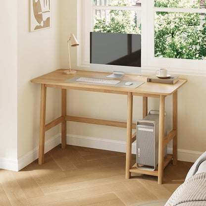 NELYE Solid Wood Computer Desk - 58" W x 24" D Sturdy Computer Workstation with CPU Stand，Modern Minimalist Table for Home Office, Oak
