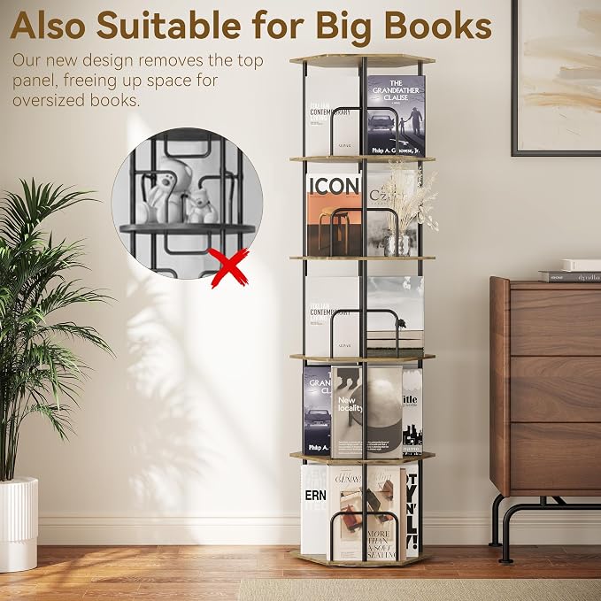 SUNMORY 5 Tier Rotating Bookshelf Tower, Revolving 360 ° Spinning Bookcase, Hexagonal Corner Book Shelf Storage Carousel, Vertical Rotate Turning Organizer Book Shelves for Living Room Office Bedroom