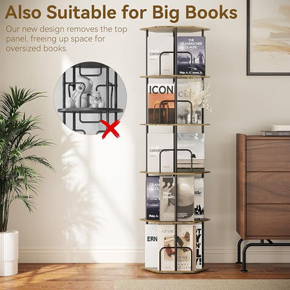 SUNMORY 5 Tier Rotating Bookshelf Tower, Revolving 360 ° Spinning Bookcase, Hexagonal Corner Book Shelf Storage Carousel, Vertical Rotate Turning Organizer Book Shelves for Living Room Office Bedroom