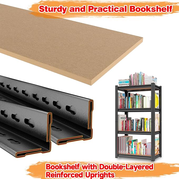 24"W Steel and Wood Book Shelf, 4 Tier Metal Bookcase, 1200LBS Display Shelving, Adjustable Utility Shelf Organizere, Standing Storage Shelves for Study, Bedroom, Living Room and Home Office, Black