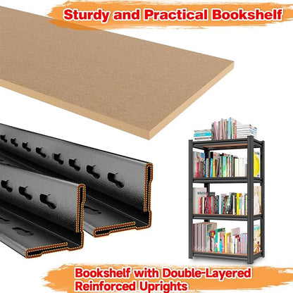 24"W Steel and Wood Book Shelf, 4 Tier Metal Bookcase, 1200LBS Display Shelving, Adjustable Utility Shelf Organizere, Standing Storage Shelves for Study, Bedroom, Living Room and Home Office, Black