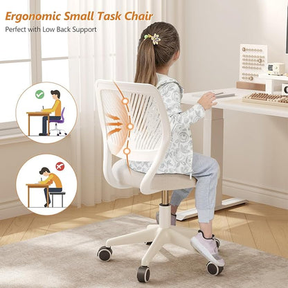 Armless Desk Chair Swivel Office Rolling Chair with Soft Padded Cushion, Height Adjustable Small Task Chair, Ergonomic Study Computer Chair for Kids Girls Boys Teens (White, 4PCS)