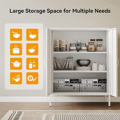 COFaR White Metal Storage Cabinet, 40” Kitchen Buffet & Coffee Bar Cabinet with Adjustable Shelves, 3-Tier Steel Organizer with Magnetic Doors, Sideboard for Dining Room, Home Office