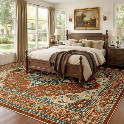 RELEANY Area Rugs 8'x10' Washable Non-Slip, Floral Vintage Distress Medallion Carpet for Living Room Bedroom Dining Room, Red Orange Blue Brown