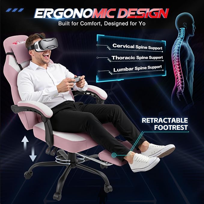 DL-win Video Gaming Chair for Adults, Computer Chair with Footrest and Ergonomic High Back, Big and Tall Gamer Chair with Massage Lumbar Support (Blush)