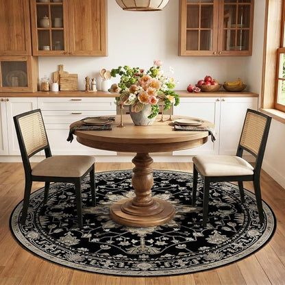 RELEANY Area Rugs Round 6ft Washable Non-Slip, Floral Vintage Distress Medallion Carpet for Living Room Bedroom Dining Room, Black Brown Neutral Dark Tan