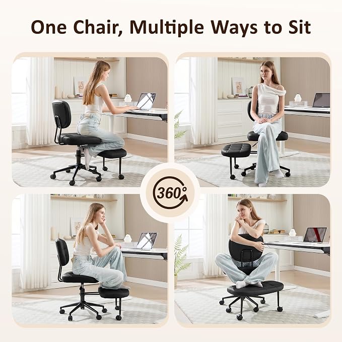 Criss Cross Chair Armless Office Chair for Cross Legged Sitting, 300lb Heavy Duty Ergonomic Desk Chair for ADHD, Adjustable Meditation Yoga Kneeling Chair with Brake Wheels for Home Office (Black)