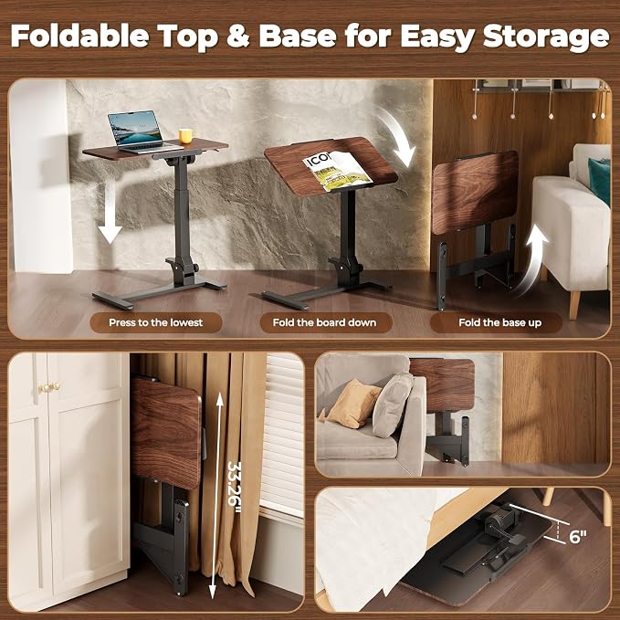 JOY worker Foldable Overbed Bedside Table, 180° Tiltable Mobile Standing Desk with Wheels, 31.5" Height Adjustable Rolling Laptop Desk for Home & Hospital Use, Easy Storage, Rustic Brown