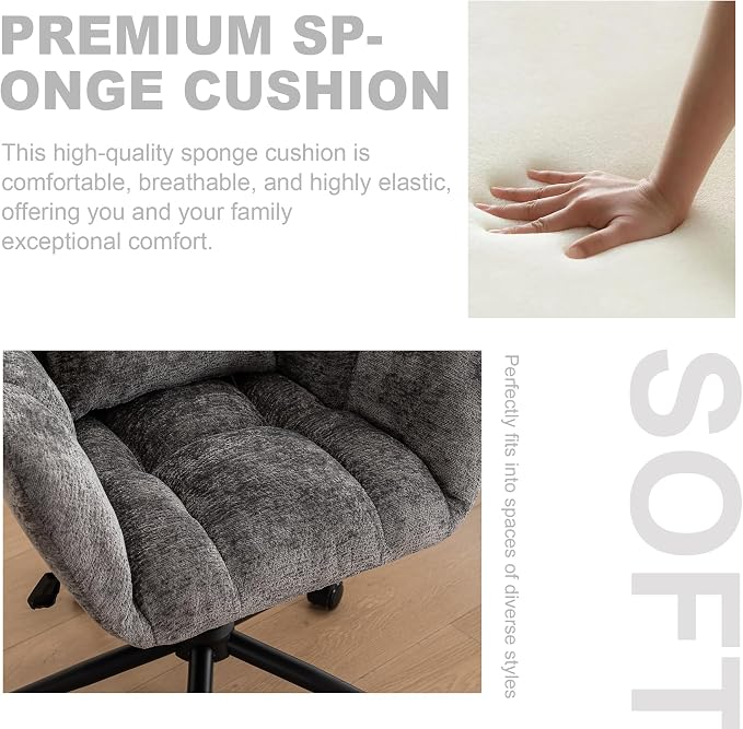 Home Office Desk Chair, Modern Tufted Chenille Vanity Chair, Adjustable Upholstered Swivel Computer Chairs for Bedroom, Living Room，Grey