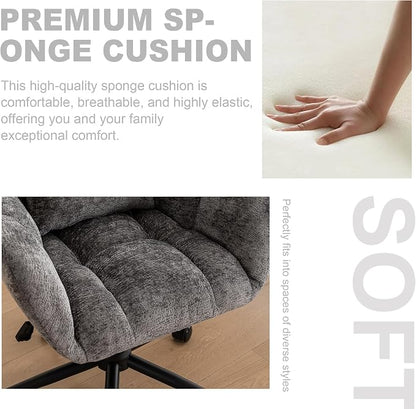 Home Office Desk Chair, Modern Tufted Chenille Vanity Chair, Adjustable Upholstered Swivel Computer Chairs for Bedroom, Living Room，Grey