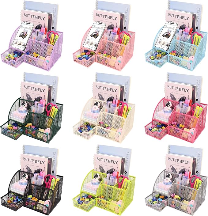Boutilon Mesh Desk Organizer Desktop Office Supplies Stationary Organizer with 6 Compartments and 1 Drawer Multi-Functional Caddy Pen Holder for Home Office School Desk Decor(Silver)