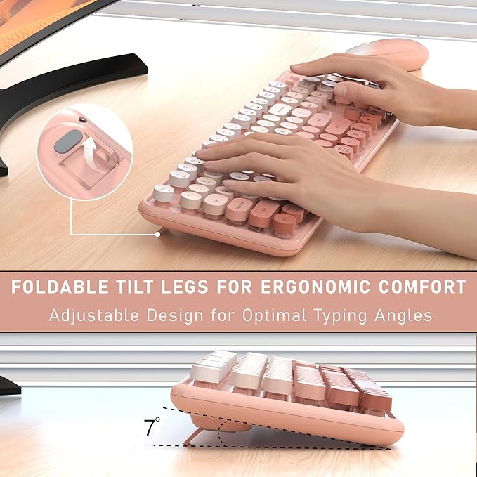 Links9+ Wireless Keyboard and Mouse, Full-Size Retro Typewriter Keyboard with Round Keycaps, 2.4GHz for Windows, Mac, Laptop, PC, Desktop (Peach Gradient)