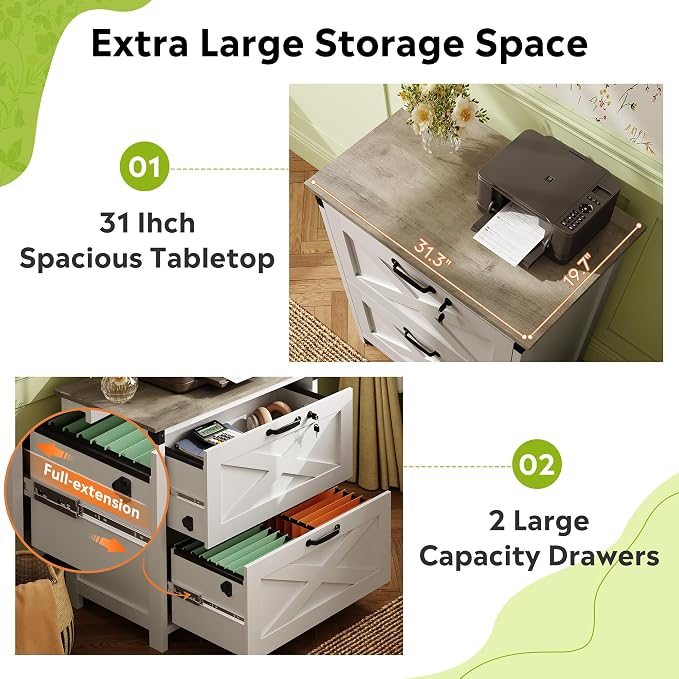 DEVAISE 2 Drawer Farmhouse File Cabinet with Lock, Lateral Filing Cabinet for Letter/Legal/A4 Size, Wood Printer Stand for Home Office, White