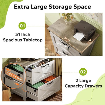 DEVAISE 2 Drawer Farmhouse File Cabinet with Lock, Lateral Filing Cabinet for Letter/Legal/A4 Size, Wood Printer Stand for Home Office, White