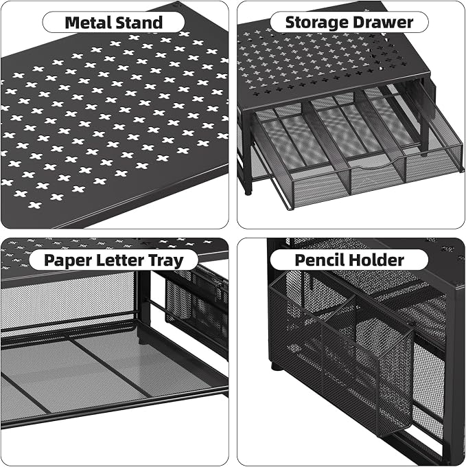 Marbrasse Metal Printer Stand for Desk with Storage Drawer and 2 Pen Holders, 2-Tier Desktop Organizer Printer Table for Home Office, Multi-Purpose Desk Organizer for Fax Machine Scanner Files(Black)