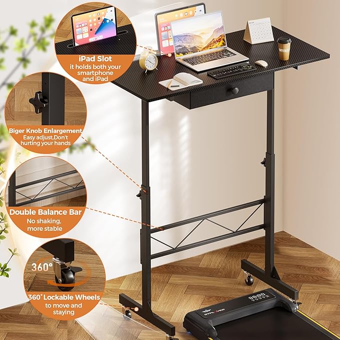 GTPLAYER Small Standing Desk Adjustable Height Small Computer Desk Mobile Portable Rolling Laptop Table with Wheels 32" Computer Workstation Sit Stand Desks Portable Standing Table Treadmill desks