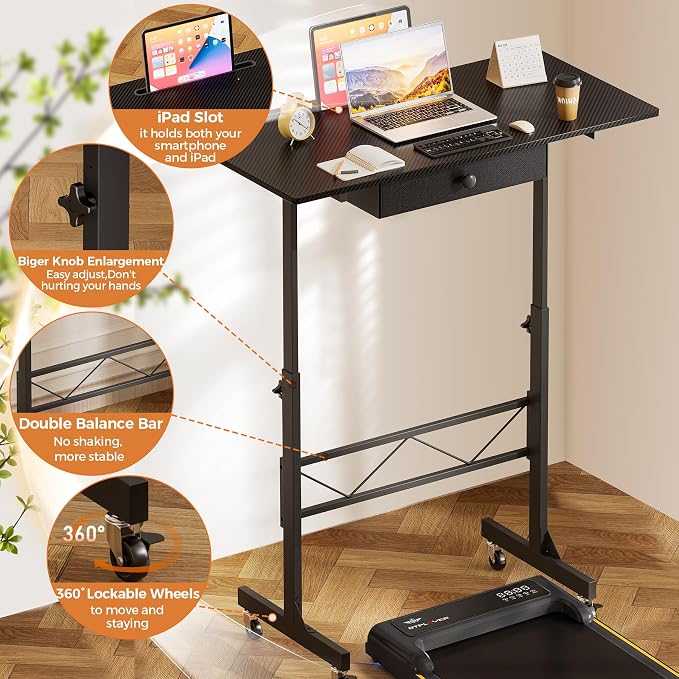 COMHOMA Small Standing Desk Adjustable Height Small Computer Desk Mobile Portable Rolling Laptop Table with Wheels 32" Computer Workstation Sit Stand Desks Portable Standing Table Treadmill desks