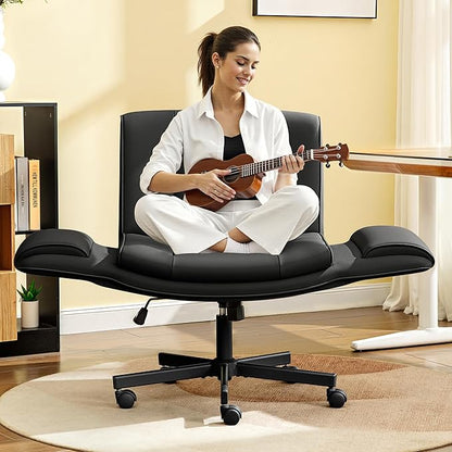 HeroSet Criss Cross Chair with Wheels & Armrests,Comfy Wide Vanity Chair,Scratch-Resistant Pu Leather Cross Legged Desk Chair,Height Adjustable Computer Office Desk Chairs for Home,Makeup,Bedroom