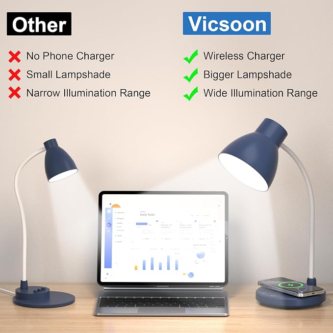 Desk Lamp for Home Office - LED Desk Lamp with Wireless Charger, 3 Color Modes Dimmable Eye-Caring Study Reading Desk Light, Small Flexible Arm Table Lamp for College Dorm Room, Navy Blue