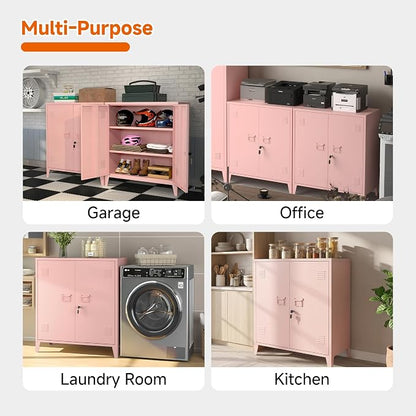 Metal Storage Cabinet 35.4”H Locking Storage Cabinet (Pink) | With 2 Adjustable Shelves and Doors, Pink Small Storage Cabinet for Home Warehouse Office Garage