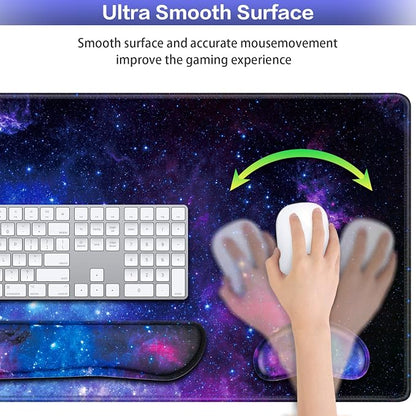 Mouse Pad Galaxy with Wrist Rest, 4-in-1 Large Mousepad+Keyboard Wrist Rest+Mouse Pad Wrist Support+Cup Pad Set,Ergonomic Mouse Pad,Anti-Slip,Memory Foam Desk Mat for Home Office Gaming(35.4×15.7in)