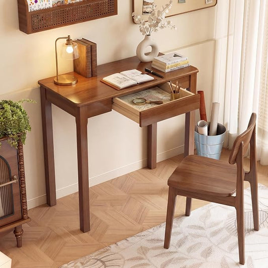 Wood Desk with Drawers - Solid Wood Mid Century Modern Desks for Bedroom, Small Computer Desk for Laptop, Study, Makeup, 31.5 W x 29.5 H x 15.7 D in, Walnut Color