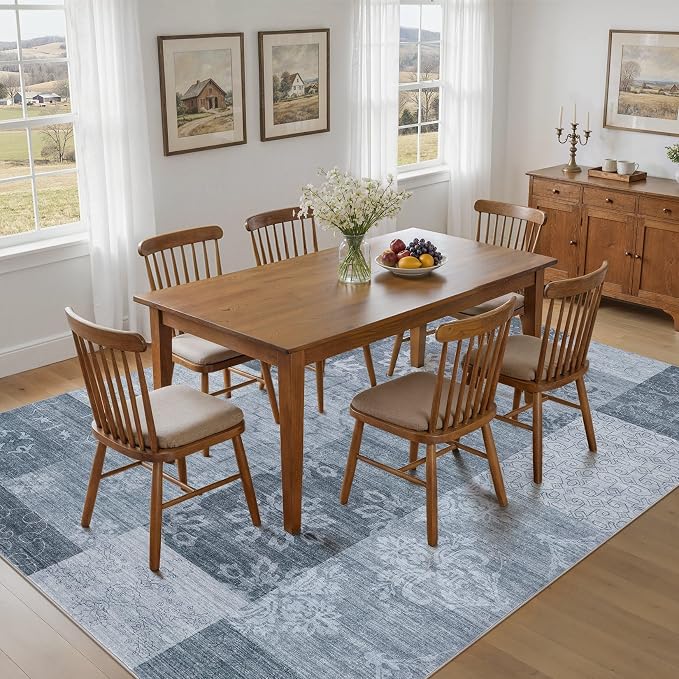 UERMEI 9x12 Area Rug for Living Room - Washable Vintage Carpet, Non-Slip Soft Large Indoor Floor Rugs for Bedroom Home Office & Under Dining Table Decor, Blue Block